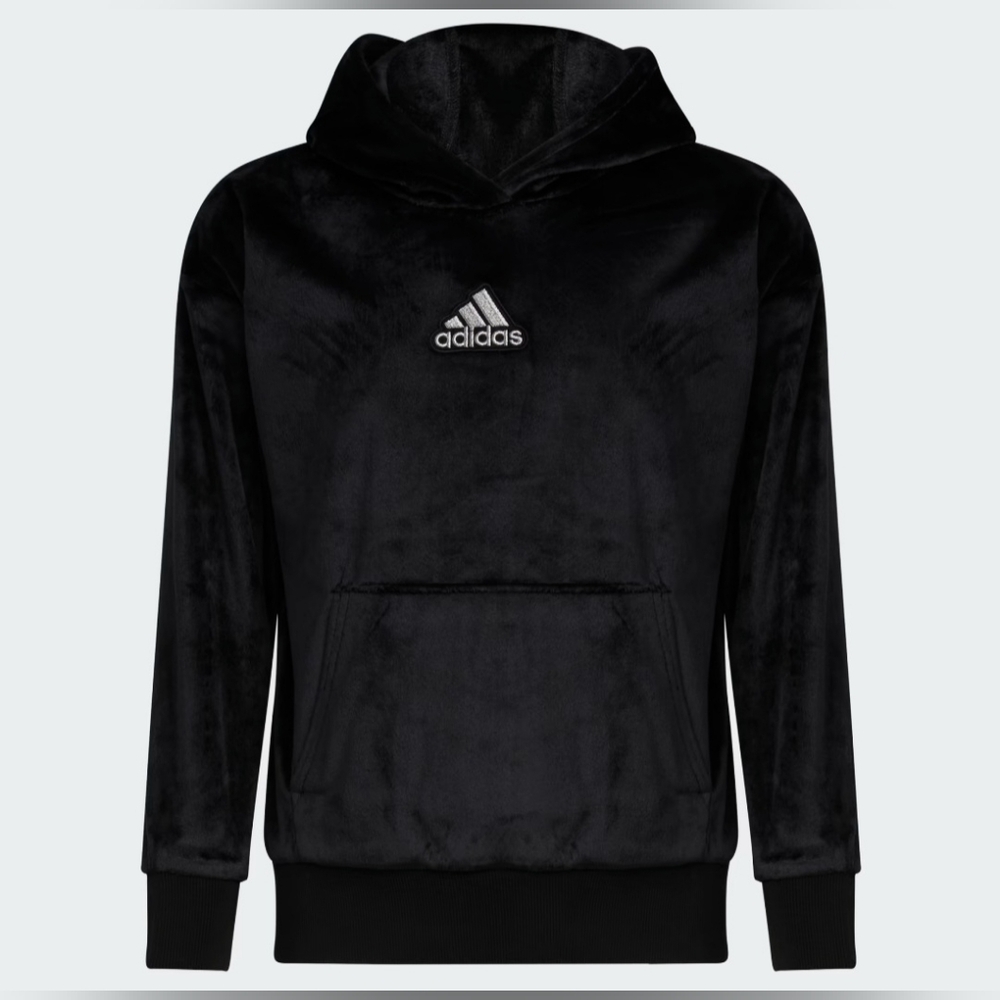 Adidas Cozy Black Fleece Pullover Hoodie Kangaroo Pockets Unisex Size 10/12 Med
